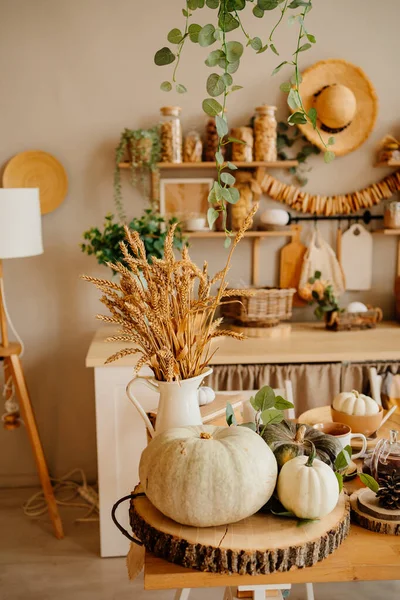 Kitchen is made of wood with elements of eco style. autumn decor. — Stock Photo, Image