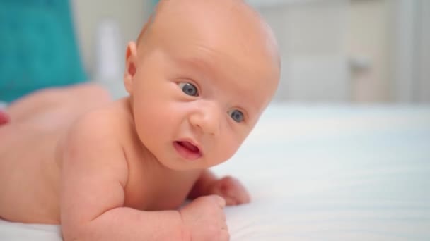 The baby lies on his tummy on a white sheet. and moms hands massage the back. — Stockvideo