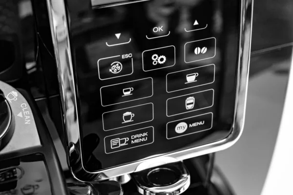 Part of black coffee machine with program buttons. a device for making coffee. — Stockfoto