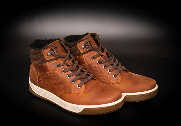 褐色皮制冬季靴，底色为黑色 — 图库照片