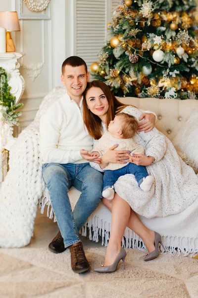 Mutlu aile Noel ağacının yanındaki kanepede. 