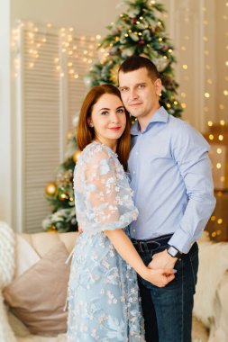 Mavi elbiseli çekici bir çift Noel ağacının yanındaki odada..