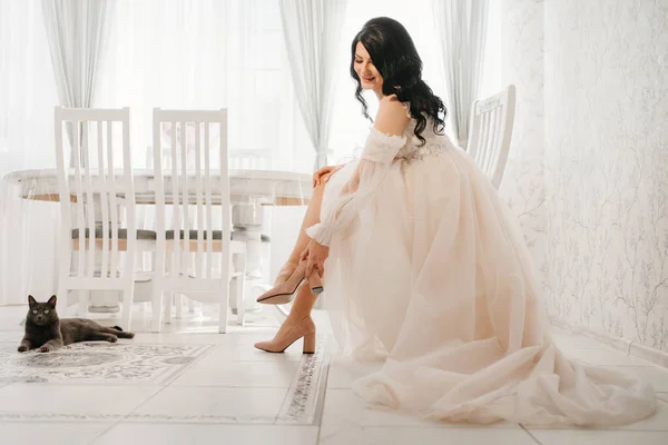 Schöne brünette Braut im weißen Kleid mit einer Katze. Haustiere bei der Hochzeit — Stockfoto