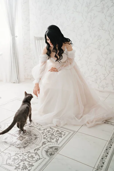 Hermosa novia morena en vestido blanco con un gato. mascotas en la boda — Foto de Stock