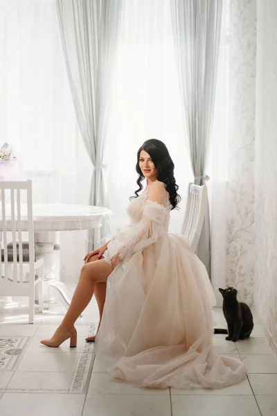 Hermosa novia morena en vestido blanco con un gato. mascotas en la boda — Foto de Stock