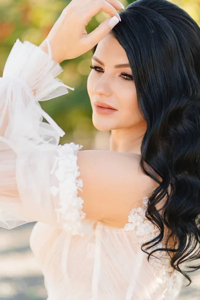 Retrato de la novia en un vestido con mangas de tela transparente — Foto de Stock