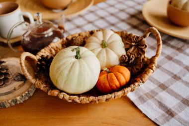 Küçük dekoratif beyaz ve turuncu balkabakları ve konileri olan sepet..