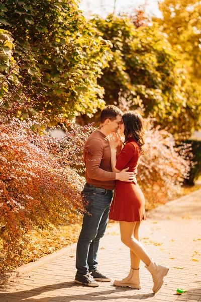 Ένα όμορφο, ευτυχισμένο ζευγάρι σε μια φθινοπωρινή βόλτα. — Φωτογραφία Αρχείου