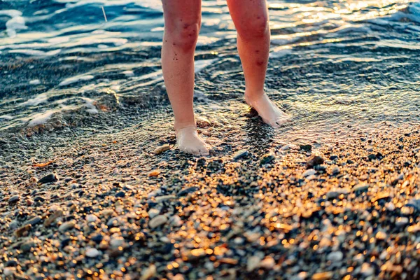 На закате. ноги девушки, идущей вдоль берега. — стоковое фото