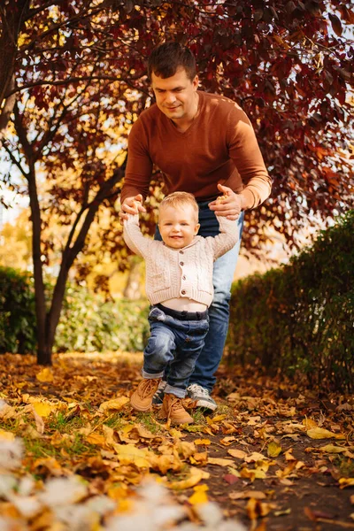 Pai dá as mãos e ensina a andar de filho no gramado. primeiros passos — Fotografia de Stock