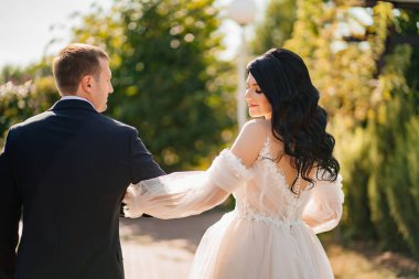 Gelin ve damat parkta el ele yürürler. Düğün yürüyüşü. Arkadan görünüm