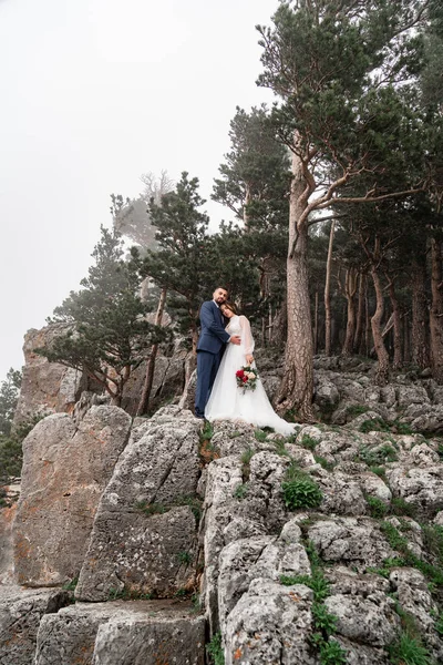 Un beau jeunes mariés câlinant sur la roche dans la forêt de montagne. lune de miel. — Photo