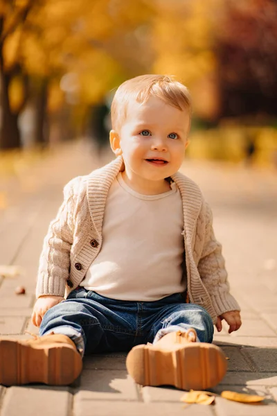 Un niño rubio lindo en una chaqueta beige en el camino con hojas de otoño. —  Fotos de Stock