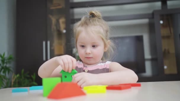 A cute little girl builds houses from a colorful wooden construction set. — Stock Video