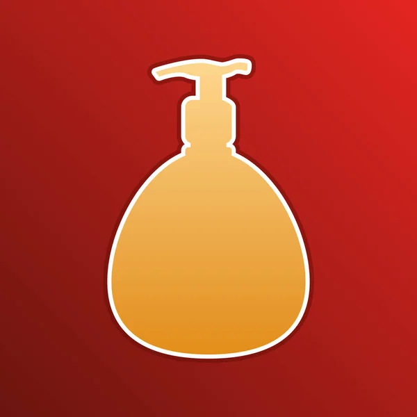 Гель, пена, жидкое мыло. Диспенсер Насос пластиковая бутылка. Золотая икона с контурами на красном фоне. Иллюстрация. — стоковый вектор