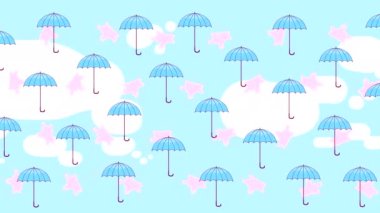 Turkuaz şemsiyeler bulutlar ve kırmızı kama yapraklarıyla mavi gökyüzüne karşı rüzgarda uçar. El yapımı bir sonbahar manzarasının soyut animasyonu.