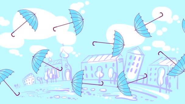 Türkise Regenschirme Fliegen Wind Gegen Einen Blauen Himmel Mit Wolken — Stockvideo