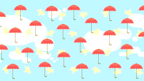 Red umbrellas fly in the wind against a blue sky with clouds and yellow wedge leaves. Abstract animation of a handmade autumn landscape.