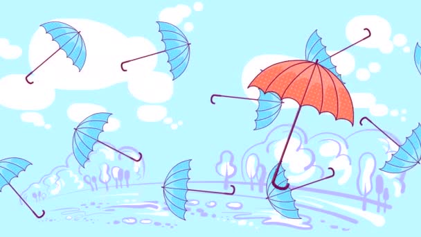 他の傘を閉じて雲と青い空に向かって風に赤い傘が飛んでいます 秋の風景のアブストラクトアニメーション — ストック動画