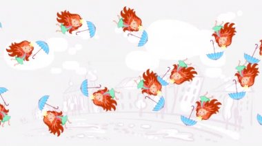 Çizilmiş karakterli soyut bir animasyon. Kızıl saçlı bir kız elinde şemsiye tutuyor ve gri tonlarda ve bulutlarda şehrin arka planında yatay olarak uçuyor..