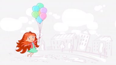 Kızıl saçlı bir kız sıcak hava balonuyla gökyüzü ve beyaz bulutlu bir manzaranın arka planına doğru uçuyor. Yüksek kalite 4K çocuk tarzı el çizimi döngü animasyonu.