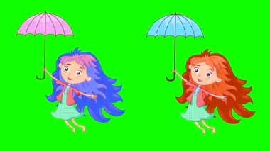 Mavi ve kırmızı saçlı bir kız şemsiyeyle uçuyor, yeşil arka planda kollarını ve bacaklarını sallıyor. Arkaplan kesimi için soyut döngülenmiş canlandırma.