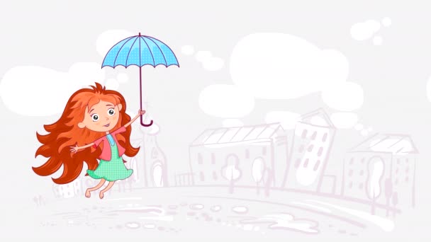 赤い髪の女の子が傘を持って飛び 家や木や雲のある街並みを背景に腕や足を振っています 抽象的な子供のキャラクターとループアニメーション — ストック動画