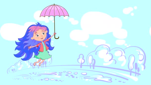 Girl Blue Hair Flies Umbrella Waving Her Arms Legs Backdrop — Stock Video