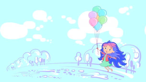 一个蓝色头发的女孩在一个热气球里 在天空和白云的背景下飞翔 高质量的4K儿童手绘环路动画 — 图库视频影像