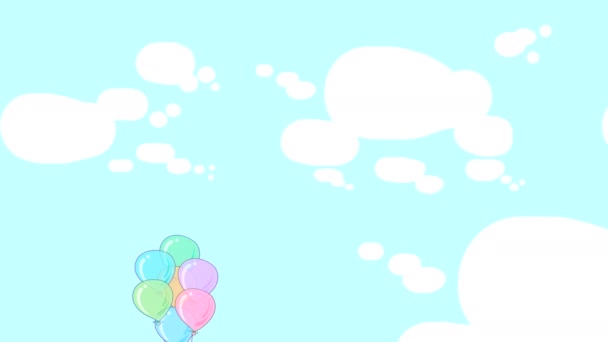 Ein Mädchen mit roten Haaren fliegt mit Luftballons und wedelt mit Armen und Beinen über den blauen Himmel mit weißen Wolken. Abstrakte Schleifenanimation mit einer gezeichneten Kinderfigur.