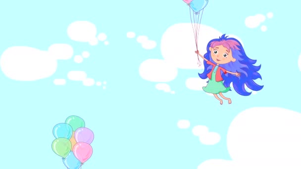 赤と青の髪の女の子が風船で上を飛んでいて 白い雲で青い空に腕と足を振っています 抽象的な子供のキャラクターとループアニメーション — ストック動画