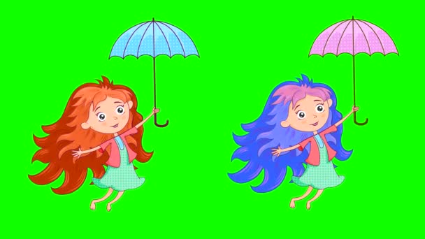 Dziewczyna Niebieskimi Czerwonymi Włosami Lata Parasolem Machając Rękami Nogami Zielonym — Wideo stockowe
