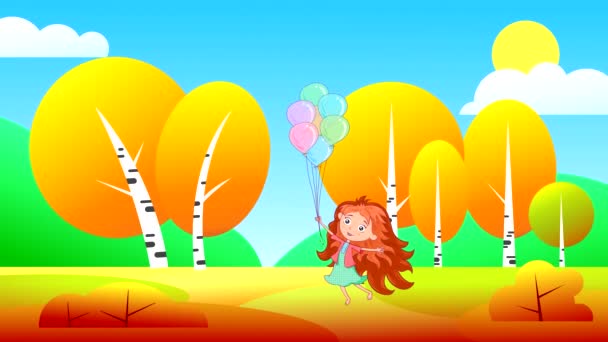 赤い髪の少女が風船を手に飛び 腕や足を振って目を閉じている 秋の森と太陽を背景にキャラクターを描いたループアニメーション — ストック動画