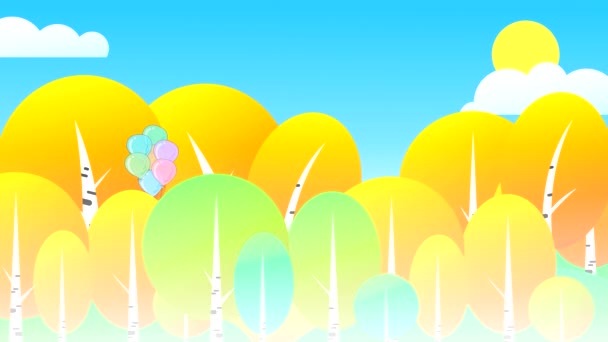Девушка Голубыми Волосами Прыгает Воздушными Шарами Над Деревьями Летает Зонтиком — стоковое видео