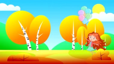 Kızıl saçlı bir kız elinde balonlarla zıplıyor, kollarını ve bacaklarını sallıyor ve gözlerini kapıyor. Bir sonbahar ormanı ve gökyüzünün arka planında çizilmiş bir karaktere sahip döngülü animasyon.