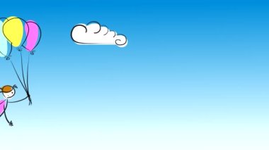 Balonlu bir kız beyaz bulutlu mavi bir gökyüzüne doğru uçuyor. Dedemin çizim tarzında çizilmiş karakterin döngülü animasyonu. Yüksek çözünürlüklü 4K çizgi filmi.