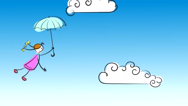 Girl Umbrella Flies Blue Sky White Clouds Looped Animation Drawn — Stock Video