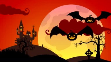 Turuncu gözlü balkabakları ve yarasa kanatlarıyla büyük bir ay ve tepedeki bir kalenin arka planında uçar. Cadılar Bayramı için çizilmiş karakterlerle döngülenmiş düz animasyon.