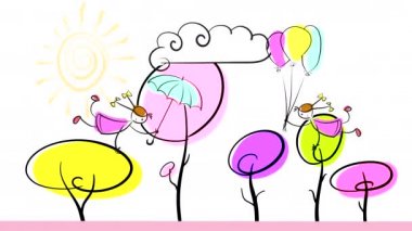İki kız balonlarla ve bir şemsiyeyle sonbahar ağaçlarının arka planında uçuyor ve gökyüzü bulutlu ve güneşli. Çizilmiş karakterlerle döngülenmiş düz animasyon.