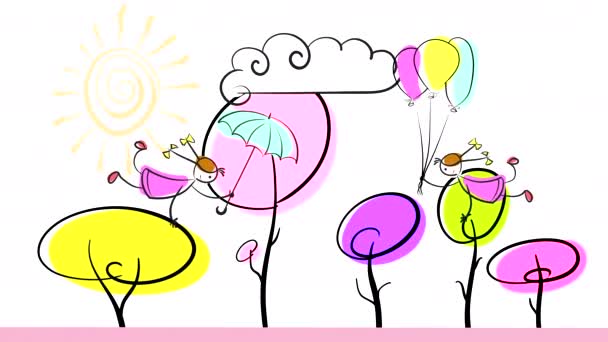 两个女孩拿着气球和一把雨伞在秋树的背景下飞舞 天空中带着云彩和阳光 带有绘图字符的循环平面动画 — 图库视频影像
