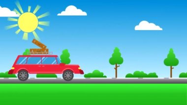 Bavullu kırmızı bir araba yol kenarında bulutlu, güneşli ve ağaçlı mavi bir gökyüzüne doğru gidiyor..