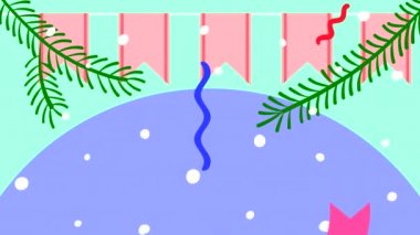 Köknar dalları, yılan yağı, kar ve ipte bayraklar olan soyut bir Noel arkaplanı. Tebrik etmek için fotokopi uzayı ile döngülenmiş animasyon.