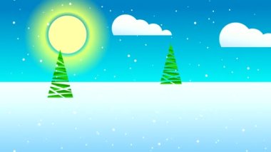 Noel Baba kış ormanlarında gün boyunca Noel ağaçları, gökyüzünde güneş ve bulutlarla yürür. Ön planda çizilmiş bir Noel karakterinin döngülü animasyonu