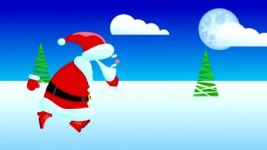 Yüzü olmayan Noel Baba kar ormanında sağa doğru koşuyor. Yeşil Noel ağaçları ve gökte bulutlar olan ay var. Çizilmiş bir karakter ile döngülenmiş canlandırma.