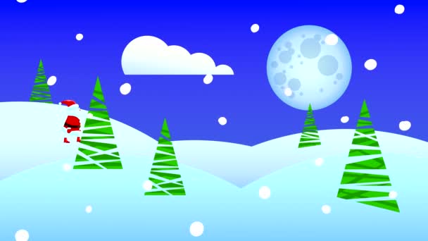 Der Weihnachtsmann Spaziert Nachts Durch Den Winterwald Der Mond Himmel — Stockvideo