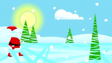 Noel Baba kış ormanlarında gün boyunca Noel ağaçları, gökyüzünde güneş ve bulutlarla yürür. Ön planda çizilmiş bir Noel karakterinin döngülü animasyonu