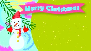 Kırmızı şapkalı bir kardan adamın olduğu soyut bir Noel arkaplanı. Renkli arkaplanda ladin dalı ve kurdeleli yinelenen kopyalama alanı canlandırması.