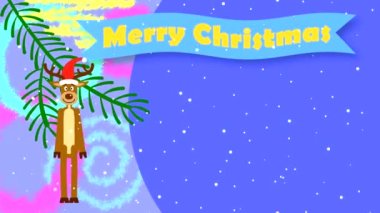 Kırmızı şapkalı geyik, tebrik kurdeleli soyut bir Noel arkaplanı. Renkli arka planda bir köknar dalının tekrarlanan canlandırması.