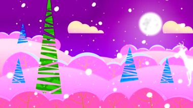 Soyut bir noel arkaplanı ve beyaz bir geyik silueti. Renkli ağaçlarla, köknar ağaçlarıyla ve parlak dolunay ve bulutlarla dolu gökyüzüyle fantastik bir manzaranın animasyonu.