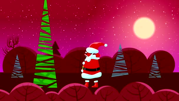 Abstract Babbo Natale Sta Vicino Abete Alto Guarda Agitando Mani — Video Stock